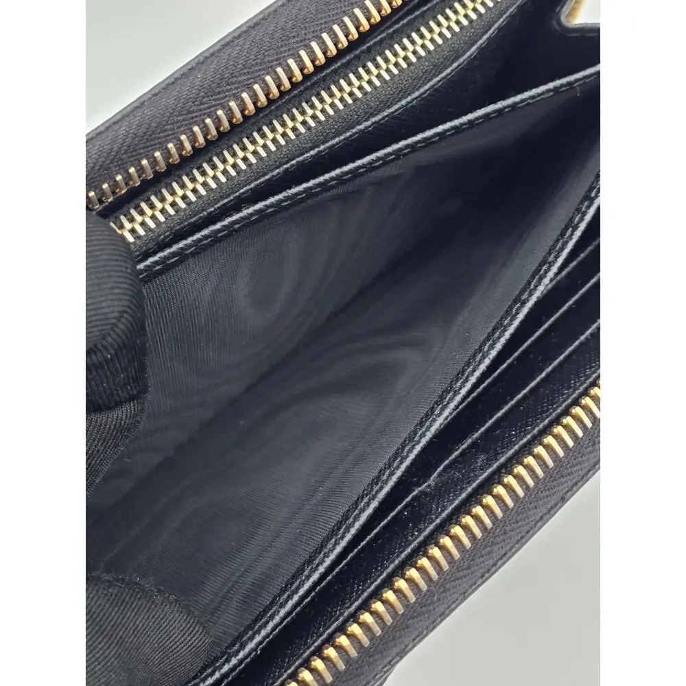 Prada Saffiano Fiocco Bow Zip Around Wallet Black Leather Gold Logo Italy
